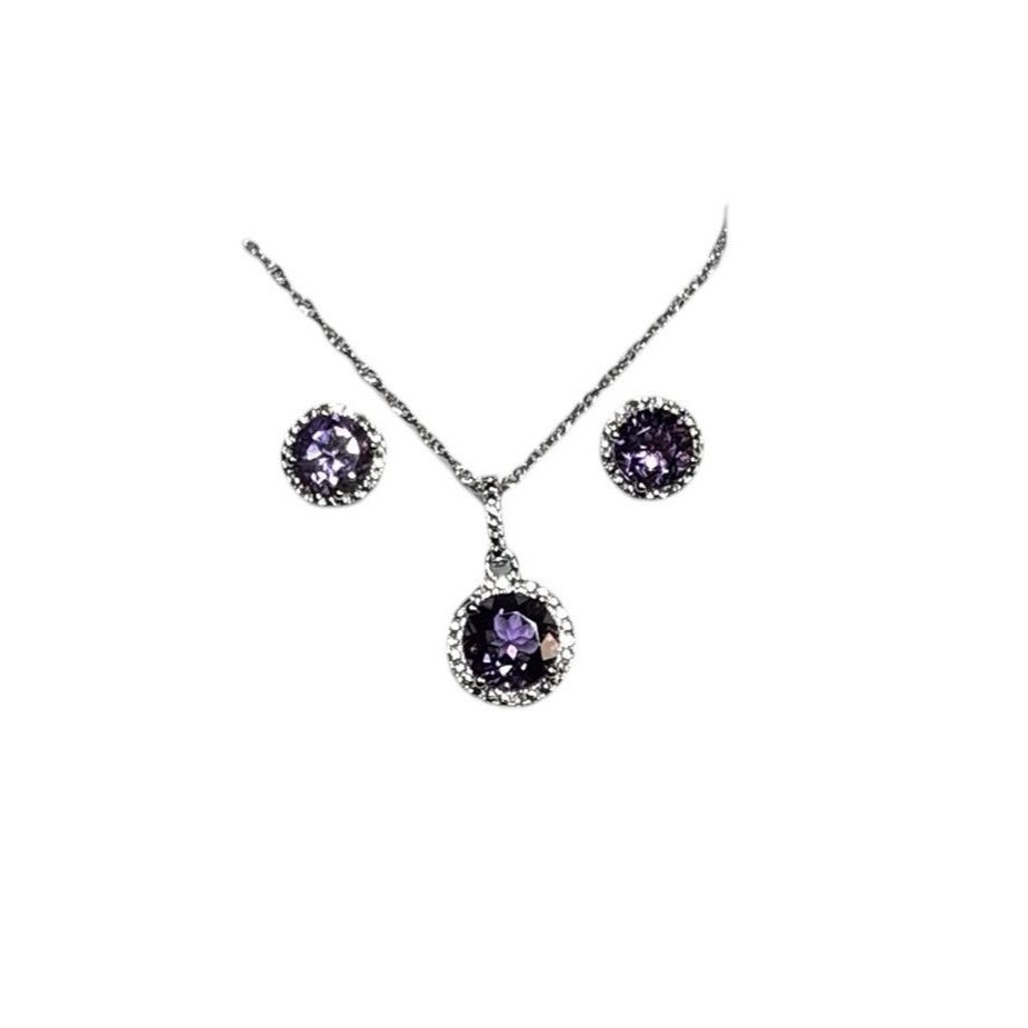 Sterling Silver Natural Amethyst & Diamond Halo Pendant Necklace 18" & Stud Earrings