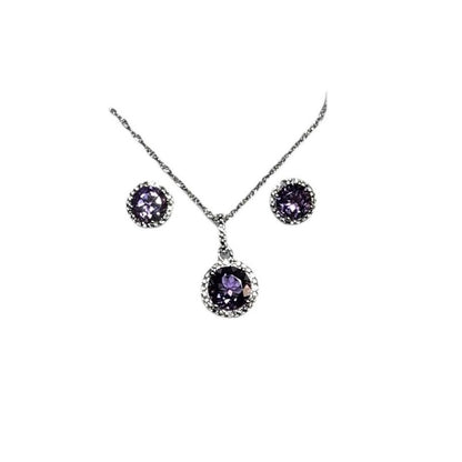 Sterling Silver Natural Amethyst & Diamond Halo Pendant Necklace 18" & Stud Earrings