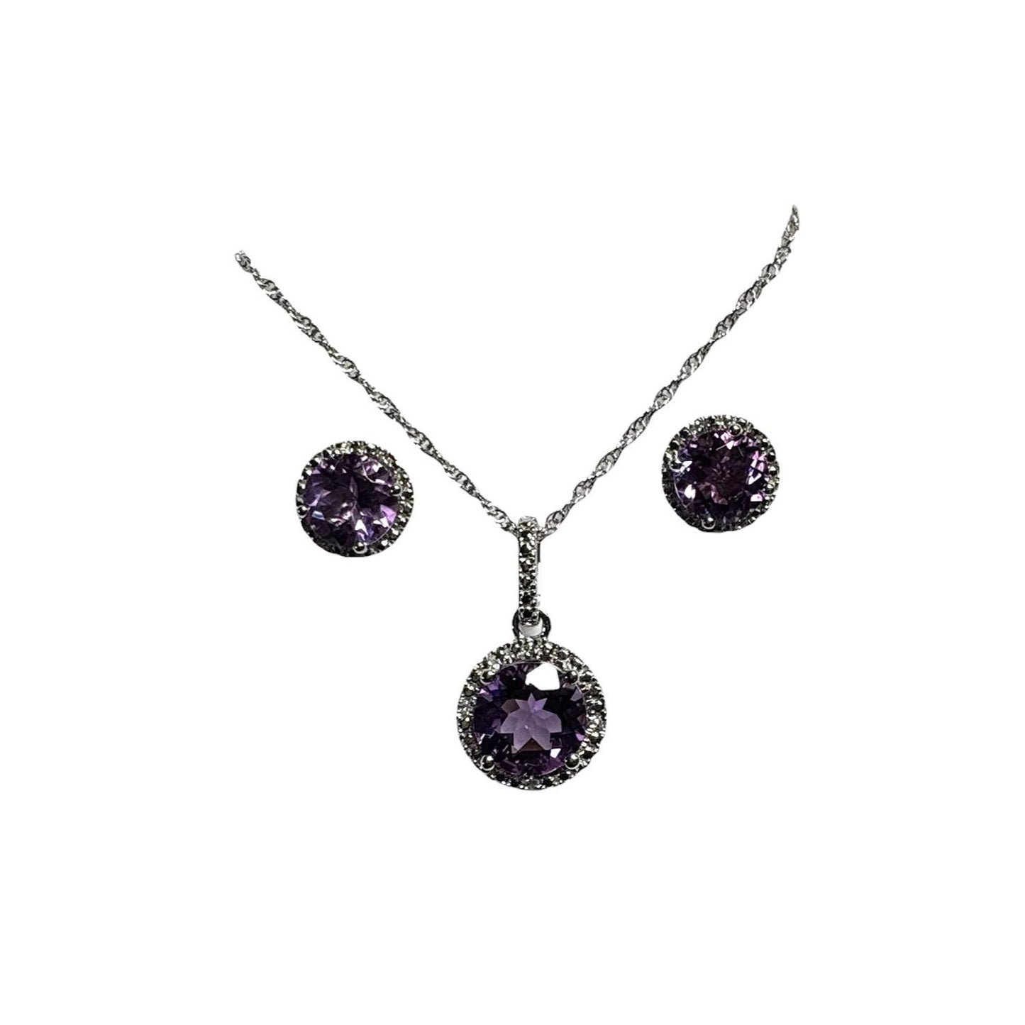 Sterling Silver Natural Amethyst & Diamond Halo Pendant Necklace 18" & Stud Earrings