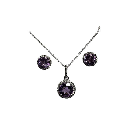Sterling Silver Natural Amethyst & Diamond Halo Pendant Necklace 18" & Stud Earrings