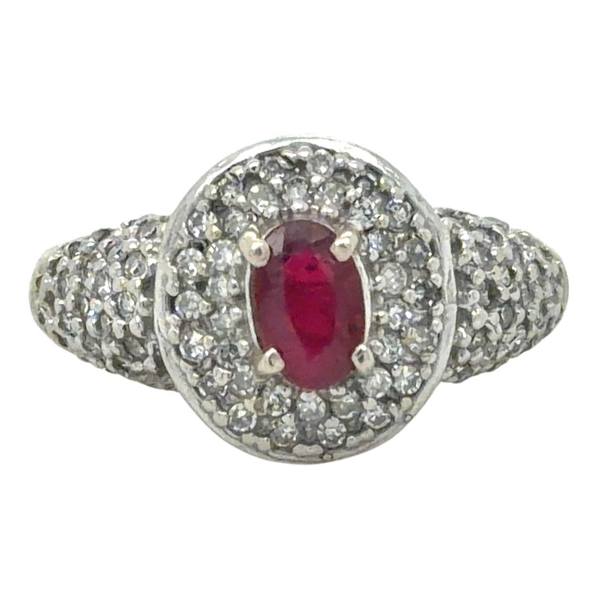 Ruby & Diamond Cluster 10k White Gold Ring 3.7g Size 6.5