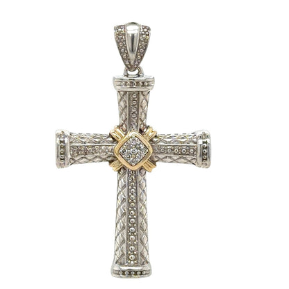 Sterling Silver & Diamond 14k Yellow Gold Cross Pendant 9.3g
