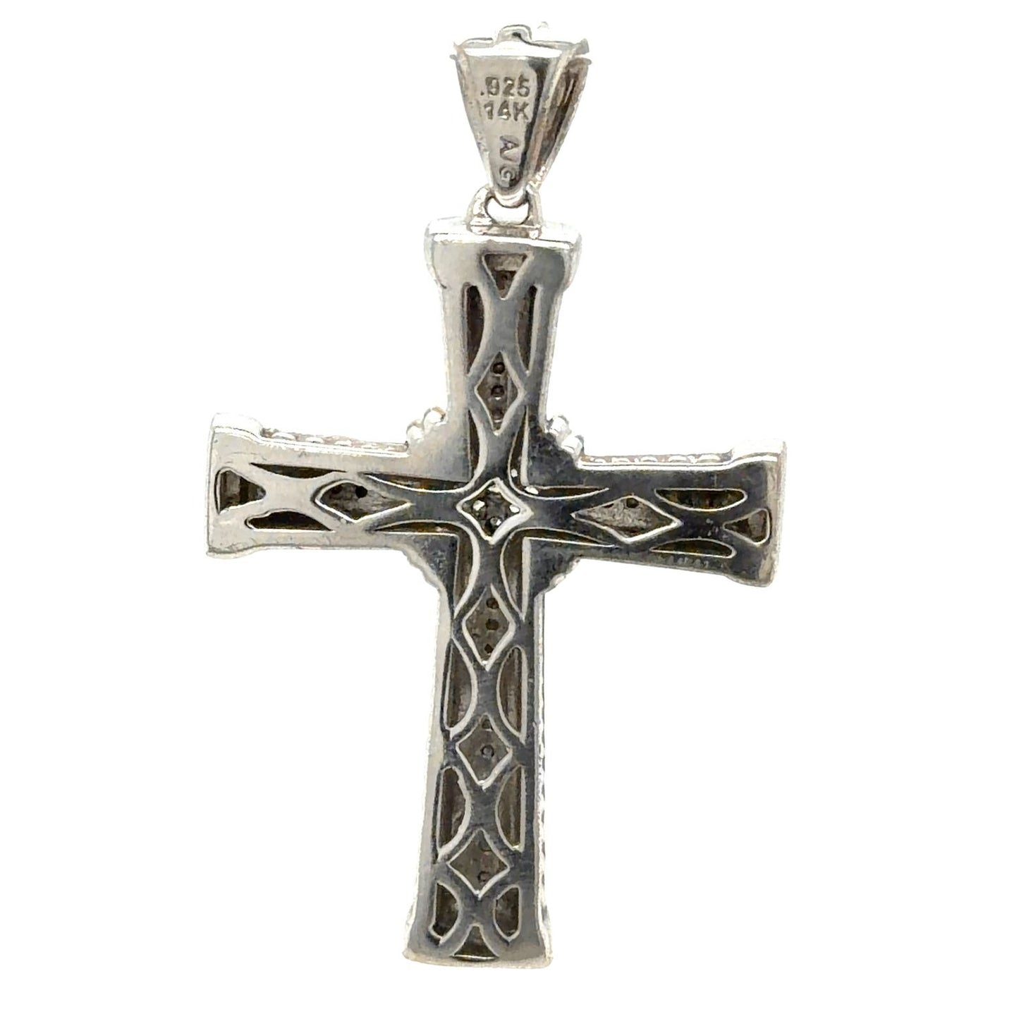 Sterling Silver & Diamond 14k Yellow Gold Cross Pendant 9.3g