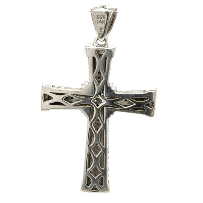 Sterling Silver & Diamond 14k Yellow Gold Cross Pendant 9.3g