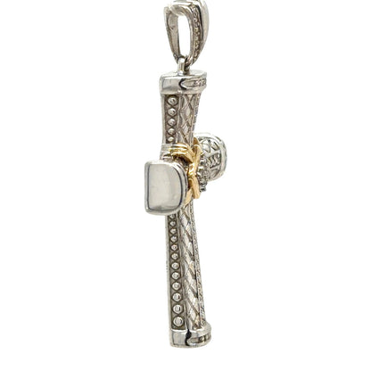 Sterling Silver & Diamond 14k Yellow Gold Cross Pendant 9.3g