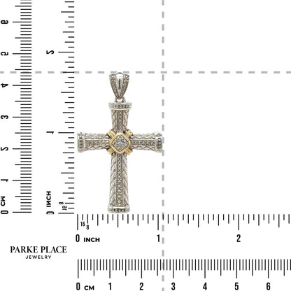 Sterling Silver & Diamond 14k Yellow Gold Cross Pendant 9.3g
