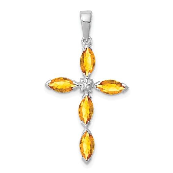 Sterling Silver Citrine & Diamond Cross Pendant