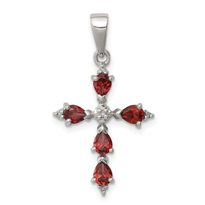 Sterling Silver 925 Pear Garnet Cross Pendant