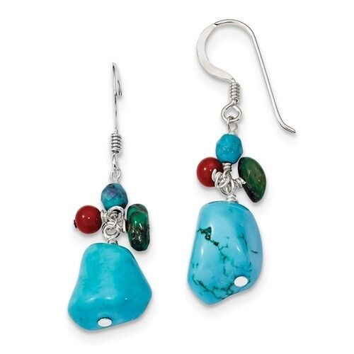 Sterling Silver Dyed Howlite Turquoise & Red Coral Drop Dangle Earrings 32mm