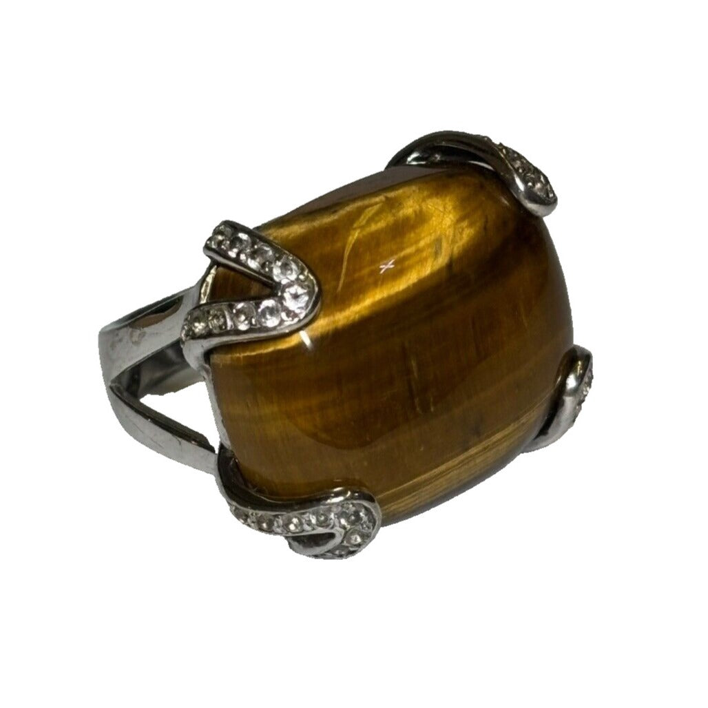Tiger's Eye With CZ Ring .925 Sterling Silver Statement Ring Size 7.5