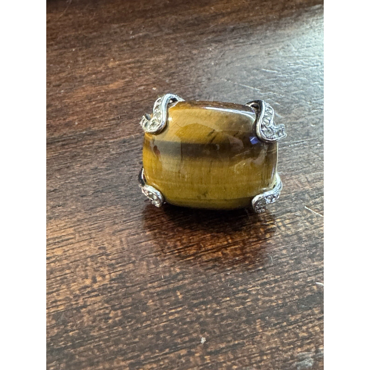 Tiger's Eye With CZ Ring .925 Sterling Silver Statement Ring Size 7.5