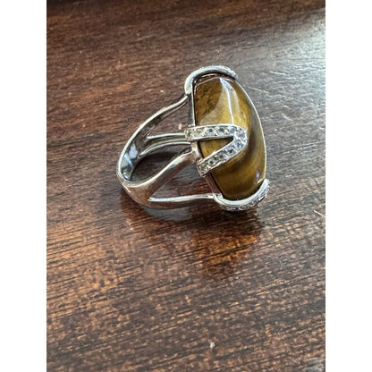Tiger's Eye With CZ Ring .925 Sterling Silver Statement Ring Size 7.5