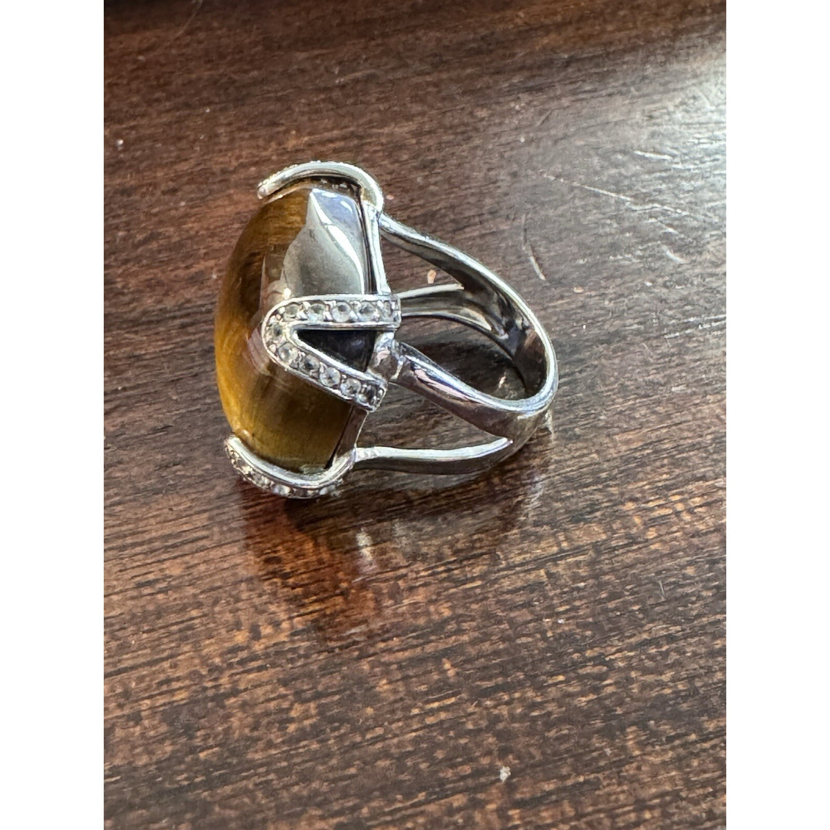 Tiger's Eye With CZ Ring .925 Sterling Silver Statement Ring Size 7.5