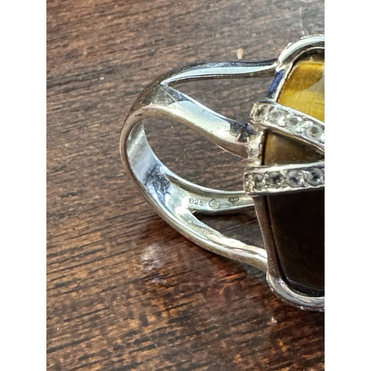 Tiger's Eye With CZ Ring .925 Sterling Silver Statement Ring Size 7.5