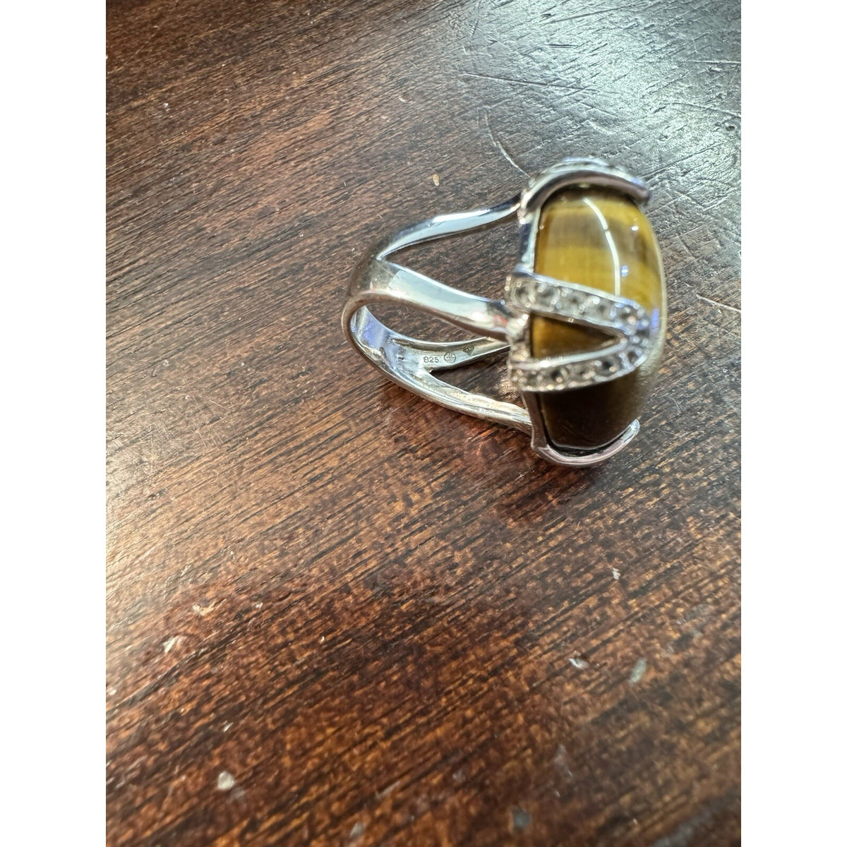 Tiger's Eye With CZ Ring .925 Sterling Silver Statement Ring Size 7.5
