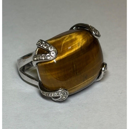 Tiger's Eye With CZ Ring .925 Sterling Silver Statement Ring Size 7.5
