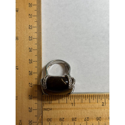 Tiger's Eye With CZ Ring .925 Sterling Silver Statement Ring Size 7.5