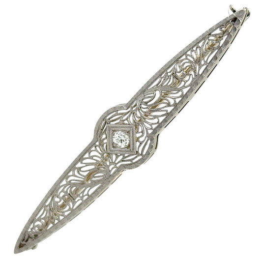 Vintage Diamond Filigree Brooch Pin 18K White Gold 2.25 Inch Elegant Design 3.8g