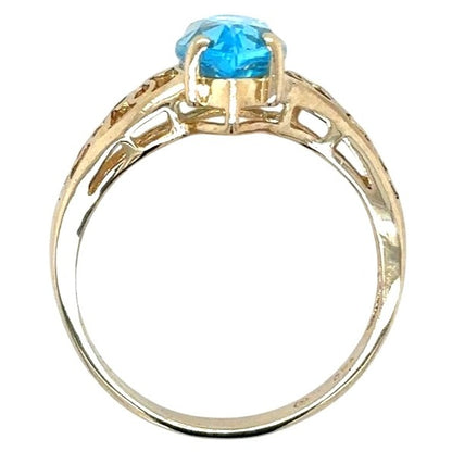 14k Yellow Gold Marquise Blue Topaz Solitaire Size 6 Ring 2.8g