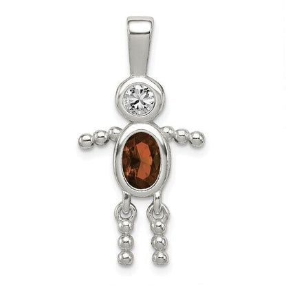 Sterling Silver Rhodium-plated CZ and Birthstone Red January Glass Boy Pendant