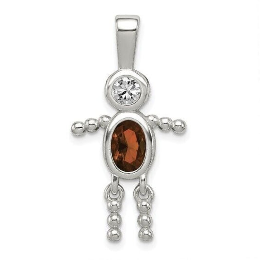 Sterling Silver Rhodium-plated CZ and Birthstone Red January Glass Boy Pendant