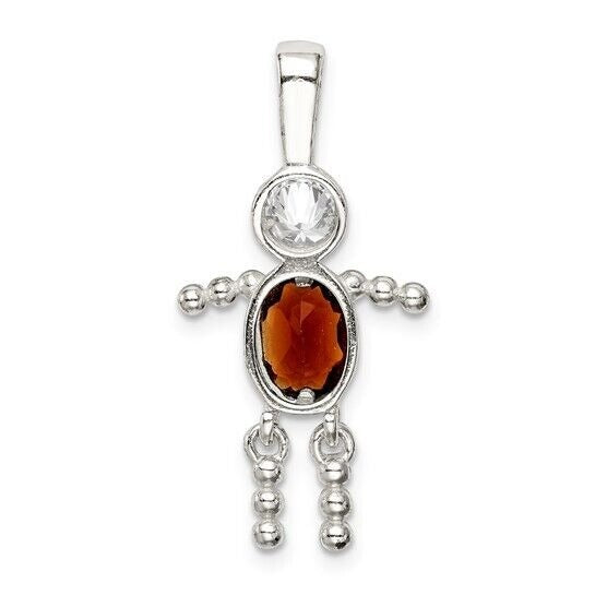 Sterling Silver Rhodium-plated CZ and Birthstone Red January Glass Boy Pendant