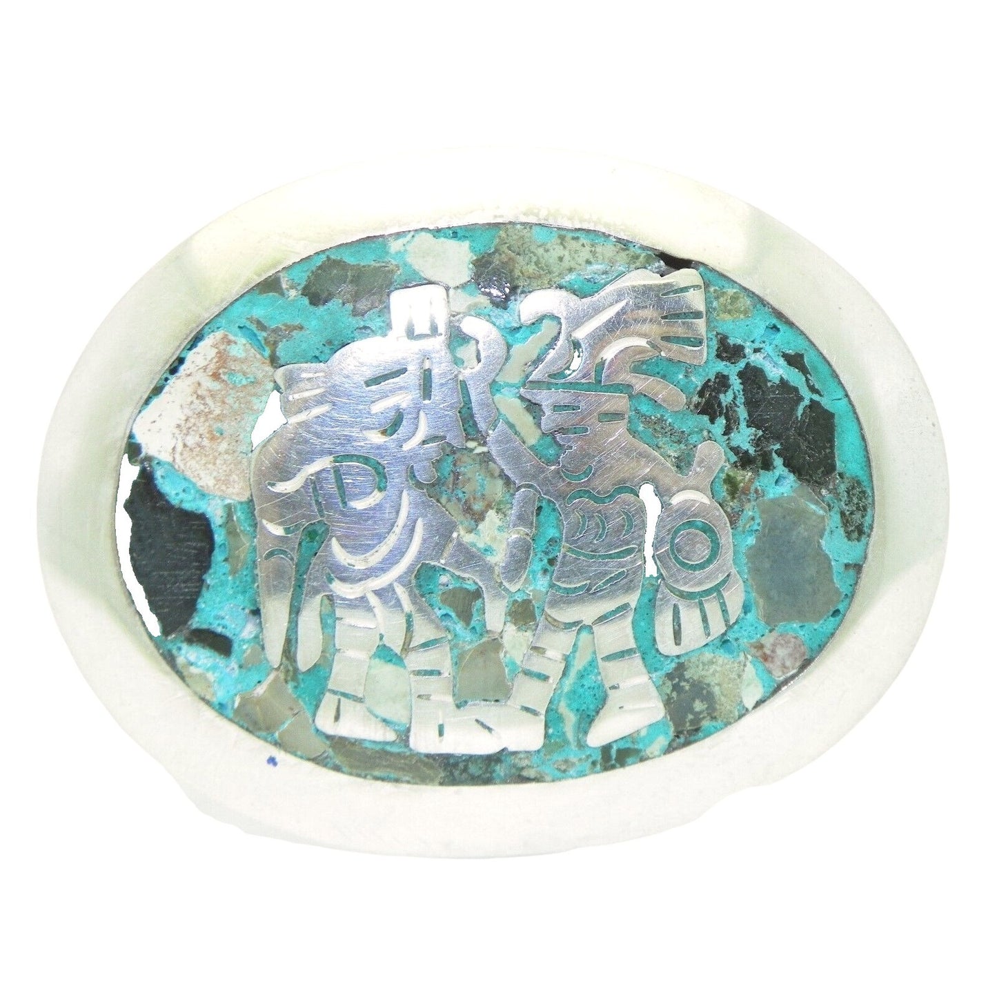 Sterling Silver Oval Pin/Pendant Aztec Figures Inlaid Turquoise Abalone 925 12.1g