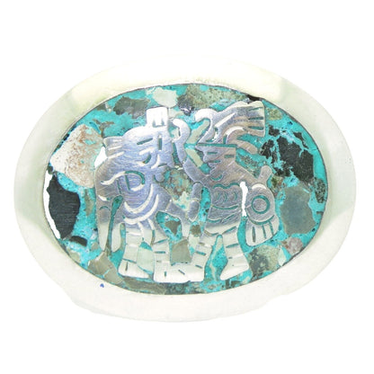 Sterling Silver Oval Pin/Pendant Aztec Figures Inlaid Turquoise Abalone 925 12.1g