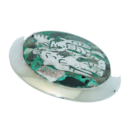 Sterling Silver Oval Pin/Pendant Aztec Figures Inlaid Turquoise Abalone 925 12.1g