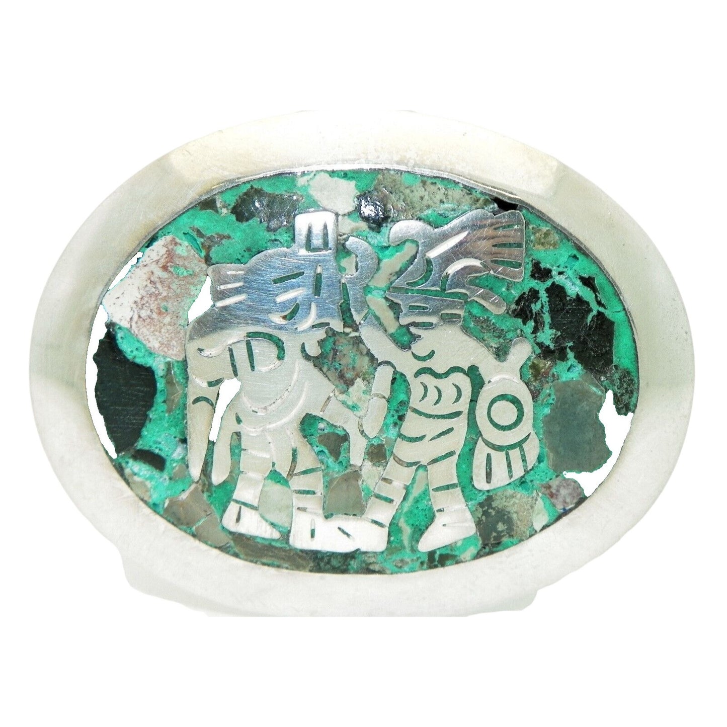 Sterling Silver Oval Pin/Pendant Aztec Figures Inlaid Turquoise Abalone 925 12.1g