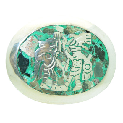 Sterling Silver Oval Pin/Pendant Aztec Figures Inlaid Turquoise Abalone 925 12.1g