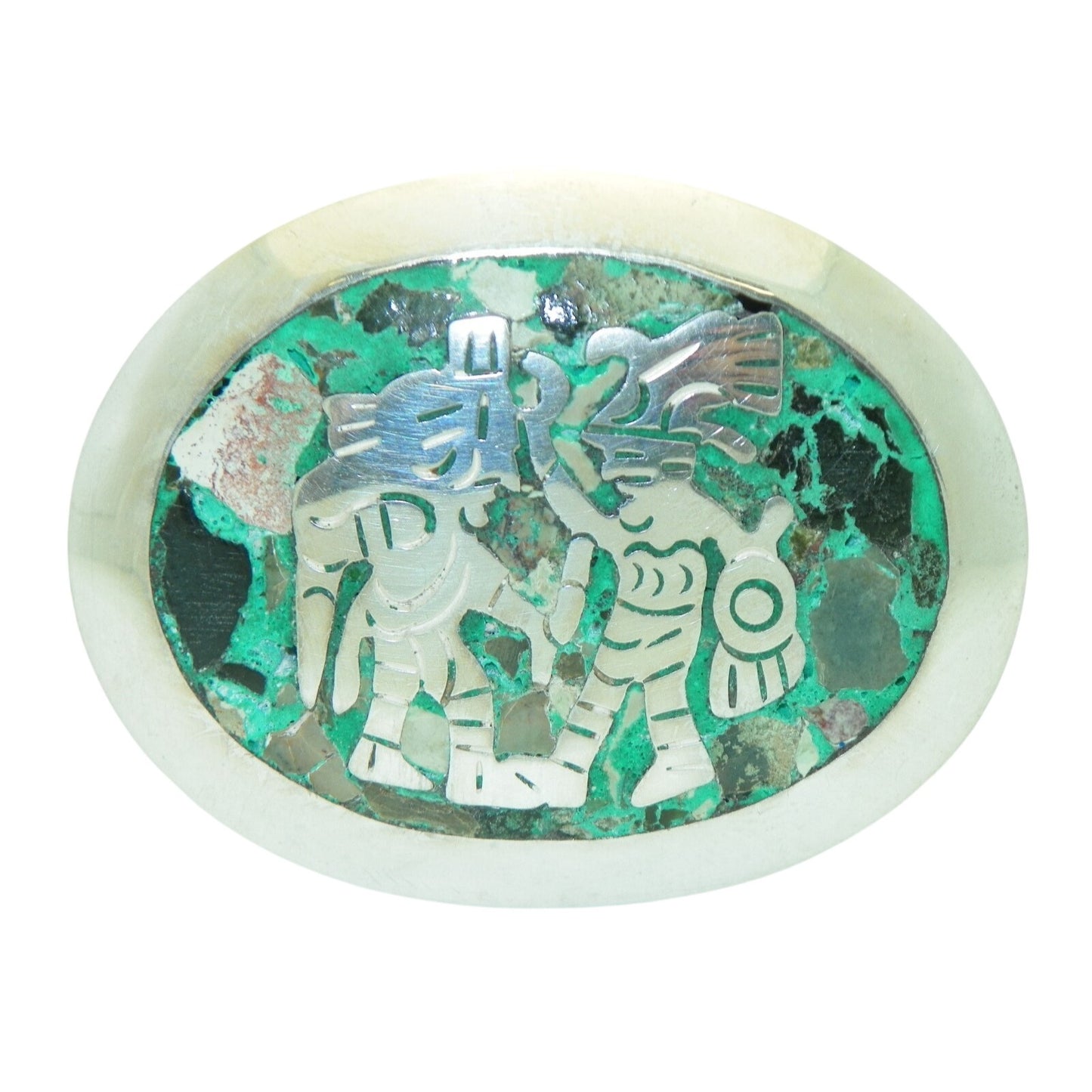 Sterling Silver Oval Pin/Pendant Aztec Figures Inlaid Turquoise Abalone 925 12.1g