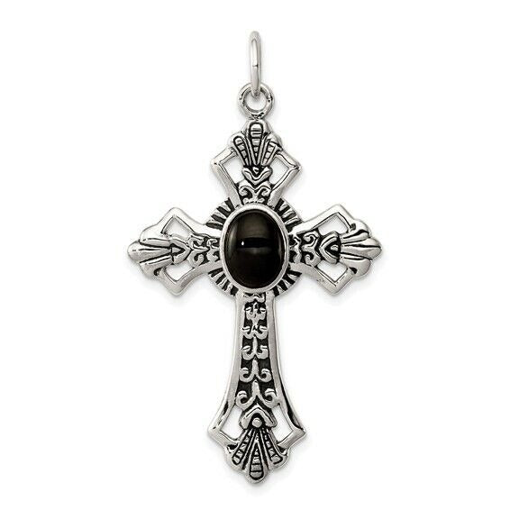 Sterling Silver 925 Antiqued Cross Pendant With Black Onyx