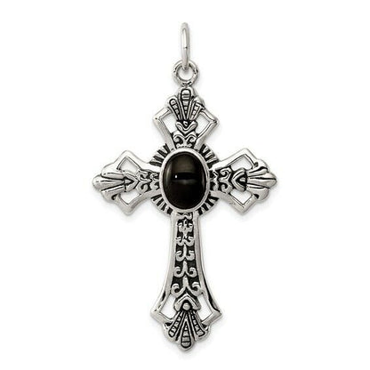 Sterling Silver 925 Antiqued Cross Pendant With Black Onyx