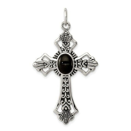 Sterling Silver 925 Antiqued Cross Pendant With Black Onyx