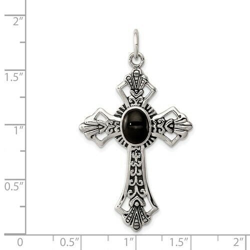 Sterling Silver 925 Antiqued Cross Pendant With Black Onyx