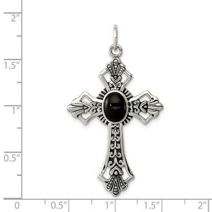 Sterling Silver 925 Antiqued Cross Pendant With Black Onyx