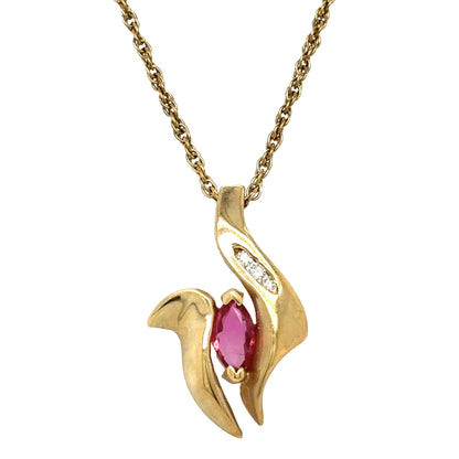 14k Yellow Gold Ruby & Diamond Pendant Necklace 18" Chain 3.2g