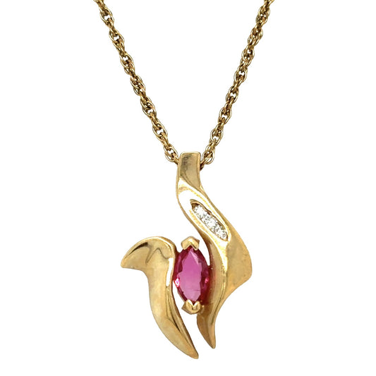 14k Yellow Gold Ruby & Diamond Pendant Necklace 18" Chain 3.2g