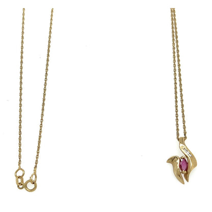14k Yellow Gold Ruby & Diamond Pendant Necklace 18" Chain 3.2g