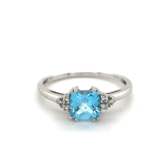 Swiss Blue Topaz and Diamond 14K White Gold Ring 1.7g Size 7