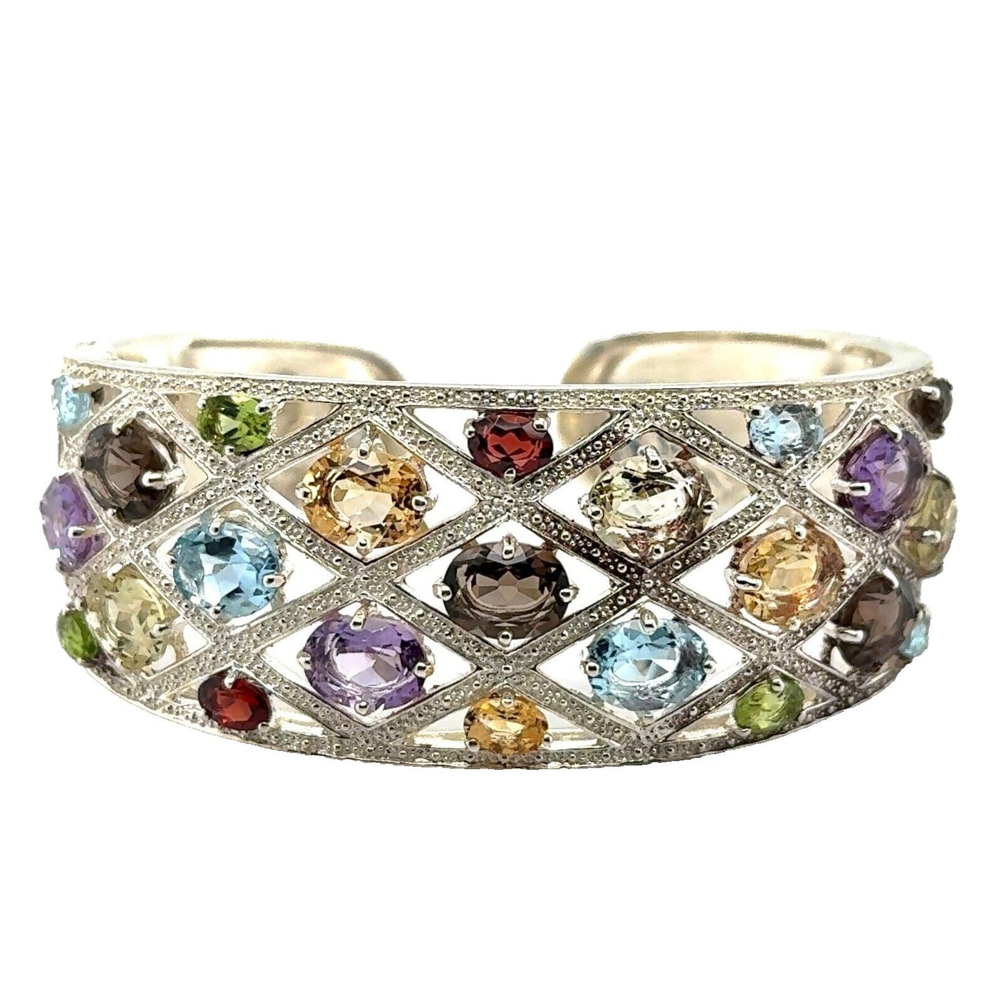 Rainbow Gemstone Sterling Silver Hinged Bangle Bracelet 51g Multi-Color Stones