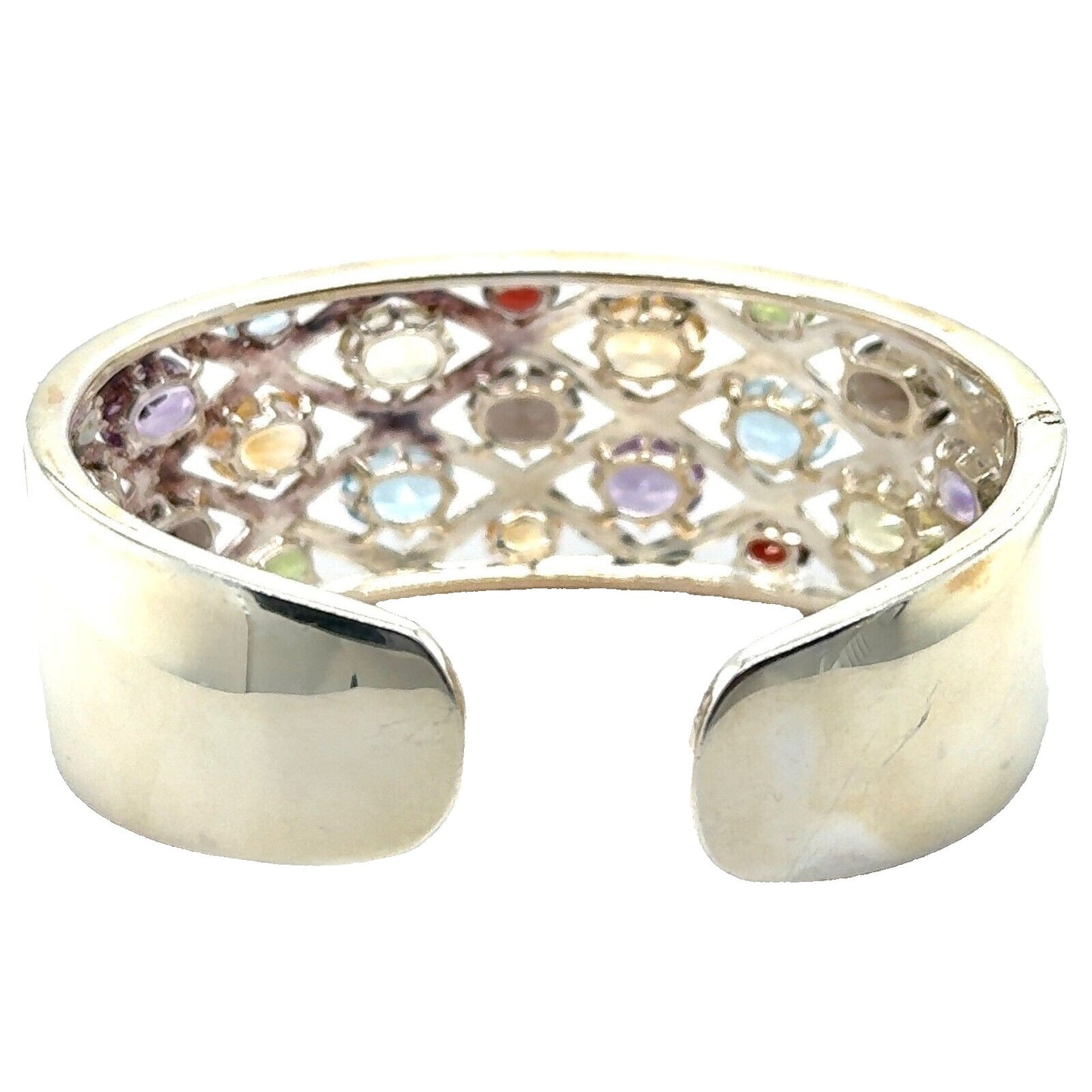 Rainbow Gemstone Sterling Silver Hinged Bangle Bracelet 51g Multi-Color Stones