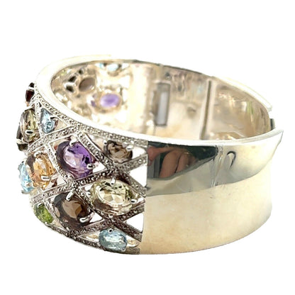 Rainbow Gemstone Sterling Silver Hinged Bangle Bracelet 51g Multi-Color Stones