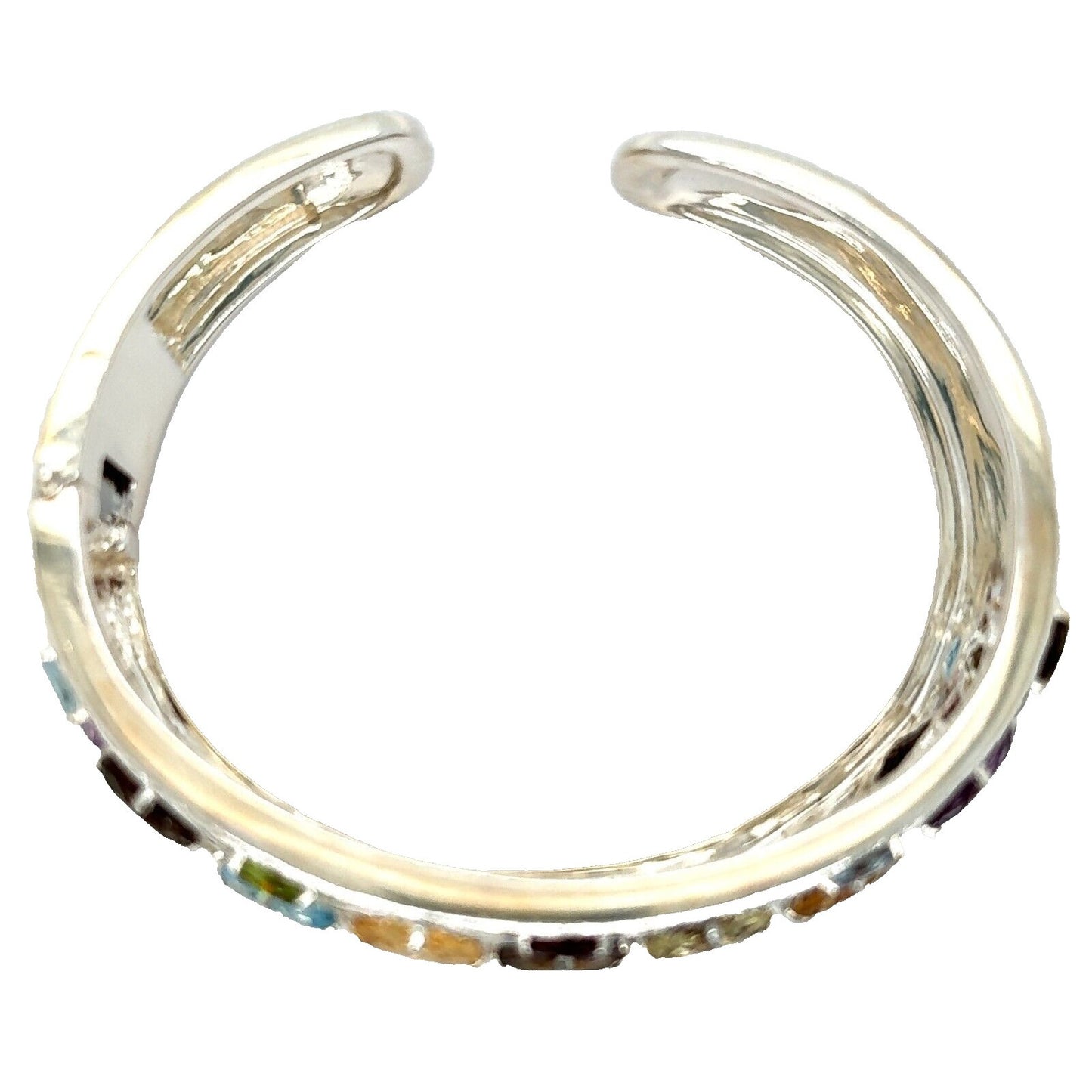 Rainbow Gemstone Sterling Silver Hinged Bangle Bracelet 51g Multi-Color Stones