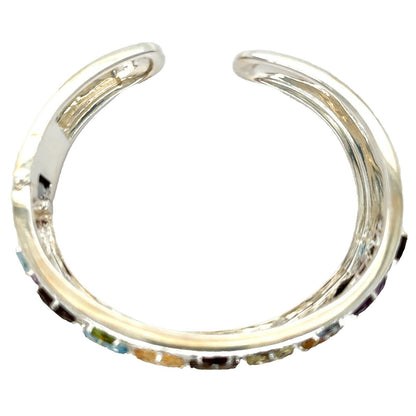 Rainbow Gemstone Sterling Silver Hinged Bangle Bracelet 51g Multi-Color Stones