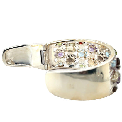 Rainbow Gemstone Sterling Silver Hinged Bangle Bracelet 51g Multi-Color Stones
