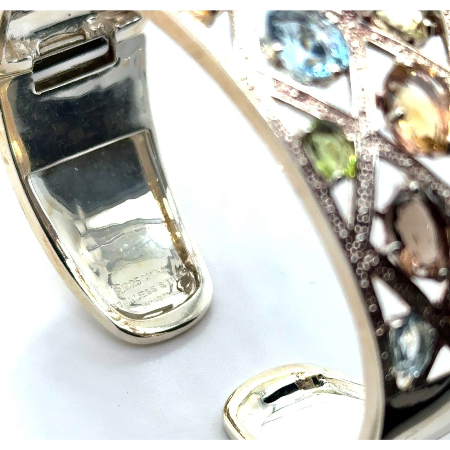 Rainbow Gemstone Sterling Silver Hinged Bangle Bracelet 51g Multi-Color Stones