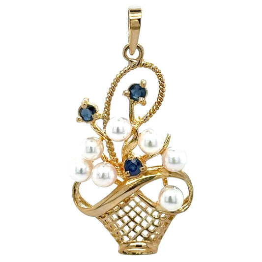 Pearl & Sapphire Basket 14k Yellow Gold Pendant 3.2g