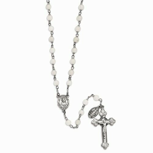White Jade Rosary Necklace Crucifix & Beads 21"